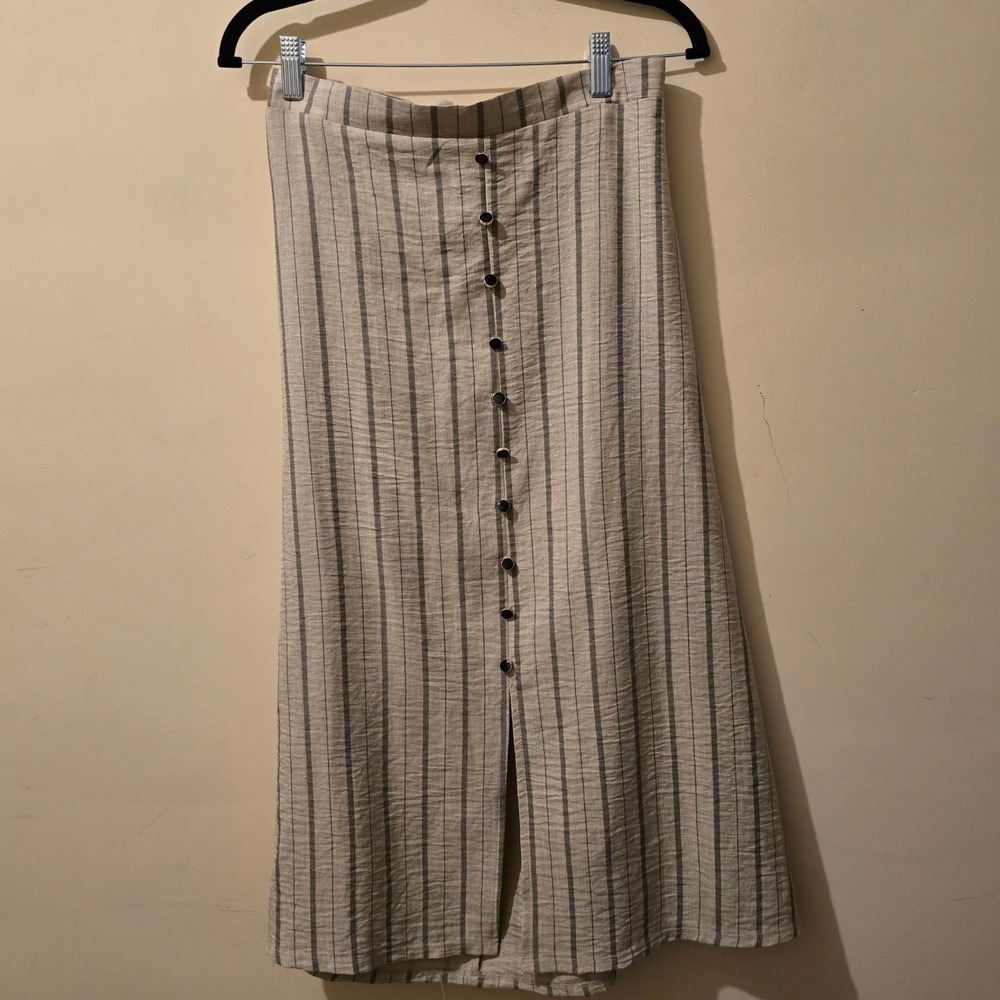 NYCC New York Clothing Co Skirt Womens M Beige Striped Button Front Midi Casual